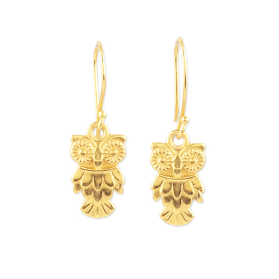 Gold-plated dangle earrings, 'Sage Vision' - Polished 22k Gold-Plated Sterling Silver Owl Dangle Earrings