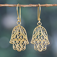 Gold-plated filigree dangle earrings, 'Celestial Hamsa' - Hamsa-Themed 22k Gold-Plated Sterling Silver Dangle Earrings