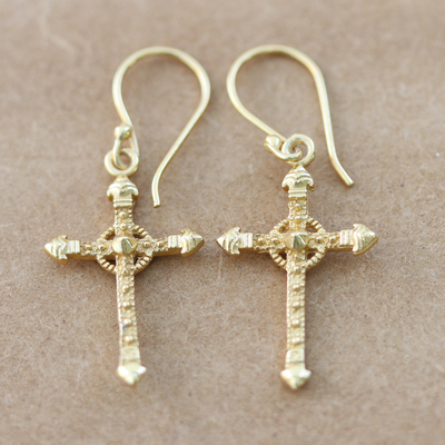 Gold-plated dangle earrings, 'Faithful Blessing' - 22k Gold-Plated Sterling Silver Cross Dangle Earrings
