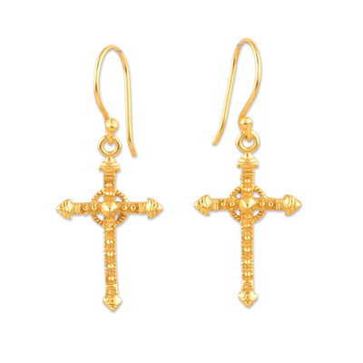 Gold-plated dangle earrings, 'Faithful Blessing' - 22k Gold-Plated Sterling Silver Cross Dangle Earrings