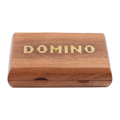 Wood domino set, 'Master Match' - Handcrafted Brown Acacia Wood Domino Set with Brass Accents
