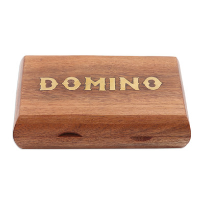 Wood domino set, 'Master Match' - Handcrafted Brown Acacia Wood Domino Set with Brass Accents