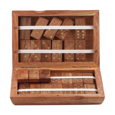 Juego de dominó de madera - Juego de dominó de madera de acacia marrón hecho a mano con detalles en latón