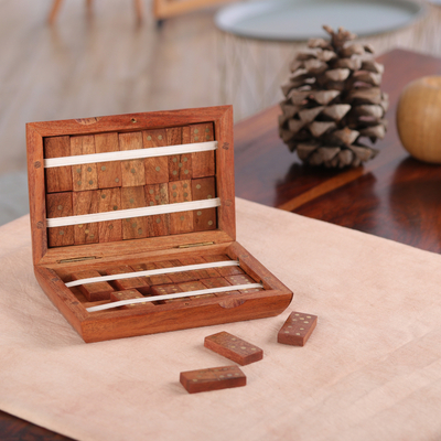 Wood domino set, 'Master Match' - Handcrafted Brown Acacia Wood Domino Set with Brass Accents