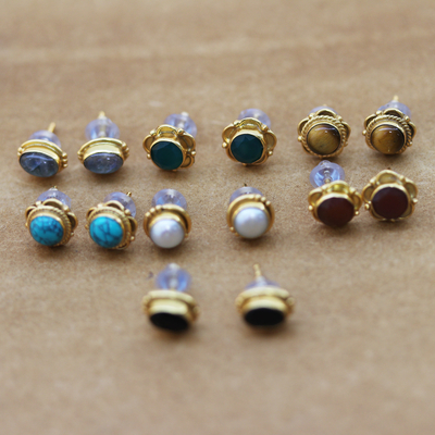 Gemstone stud earrings, 'Everyday Glamour' (set of 7) - Set of Seven 22k Gold-Plated Stud Earrings with Gemstones