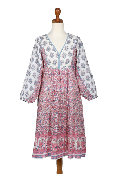 Vestido midi de algodón bordado - Vestido midi de algodón rosa y azul con temática floral y pavo real