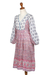 Vestido midi de algodón bordado - Vestido midi de algodón rosa y azul con temática floral y pavo real