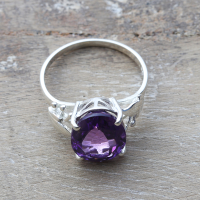 Amethyst solitaire ring, 'Pretty Purple' - Exquisite Sterling Silver Solitaire Ring with Amethyst Stone