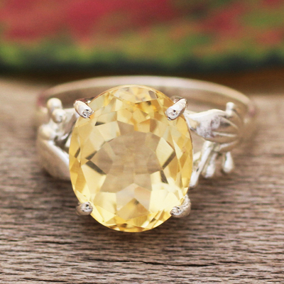 Amethyst solitaire ring, 'Pretty Yellow' - 5-Carat Faceted Citrine Cocktail Ring in High Polish Finish