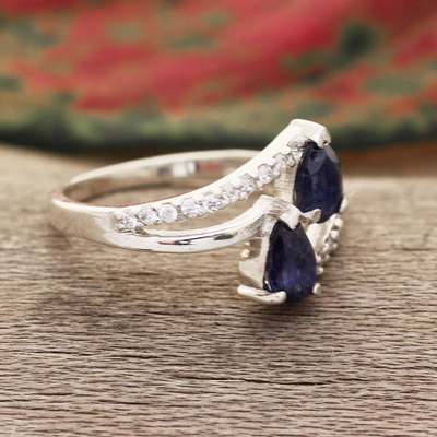 Sapphire and cubic zirconia cocktail ring, 'Wise Splendor' - Cubic Zirconia Cocktail Ring with Faceted Sapphire Jewels