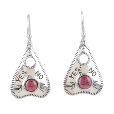 Garnet dangle earrings, 'Crimson Communication' - Ouija-Themed Sterling Silver Dangle Earrings with Garnet