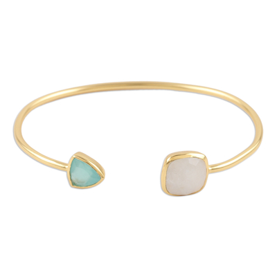 Gold-plated rainbow moonstone and chalcedony cuff bracelet, 'Gorgeous Allure' - Gold-Plated Rainbow Moonstone and Chalcedony Cuff Bracelet