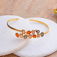 Gold-plated multi-gemstone cuff bracelet, 'Glorious Glam' - Gold-Plated Cuff Bracelet with Smoky Quartz Rose Quartz Onyx