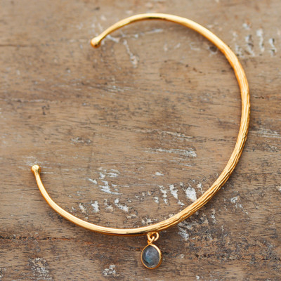 Gold-plated labradorite cuff bracelet, 'Evening Appeal' - 18k Gold-Plated Cuff Bracelet with Labradorite Charm