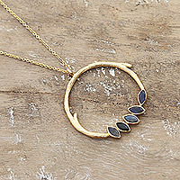 Gold-plated labradorite and onyx pendant necklace, 'Golden Wreath' - Gold-Plated Labradorite and Onyx Wreath Pendant Necklace