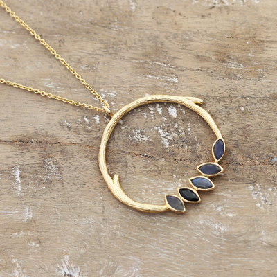 Gold-plated labradorite and onyx pendant necklace, 'Golden Wreath' - Gold-Plated Labradorite and Onyx Wreath Pendant Necklace