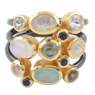 Gold-accented multi-gemstone cocktail ring, 'Multicoloured Fusion' - Modern Gold-Accented Multi-Gemstone Cocktail Ring from India