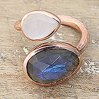 Gold-plated labradorite and rainbow moonstone wrap ring, 'Sparkling Two'
