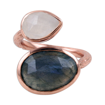 Gold-plated labradorite and rainbow moonstone wrap ring, 'Sparkling Two' - Gold-Plated Wrap Ring with Labradorite & Rainbow Moonstone