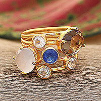Gold-plated multi-gemstone cocktail ring, 'Spectacular Glam'