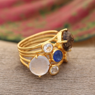 Gold-plated multi-gemstone cocktail ring, 'Spectacular Glam' - Modern 18k Gold-Plated Multi-Gemstone Cocktail Ring