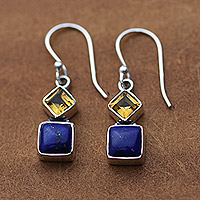 Pendientes colgantes de lapislázuli y citrino, 'Royal Harmony' - Pendientes colgantes de plata de ley con lapislázuli y citrino