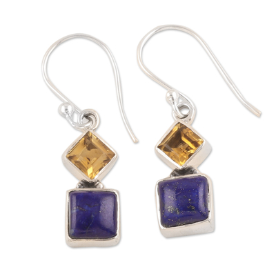 Sterling Silver Dangle Earrings with Lapis Lazuli & Citrine