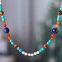 Multi-gemstone long beaded necklace, 'Lagoon Fantasy' - Handcrafted Multi-Gemstone Long Beaded Necklace from India
