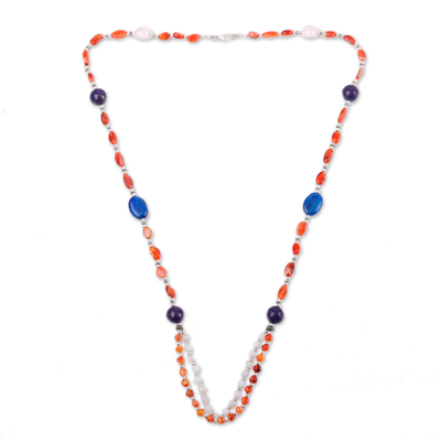 Multi-gemstone long beaded necklace, 'Glorious Connection' - Multi-Gemstone and Silver Beaded Long Necklace Made in India