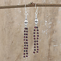 Garnet beaded waterfall earrings, 'Devotion Beads' - Sterling Silver Beaded Waterfall Earrings with Garnet Jewels