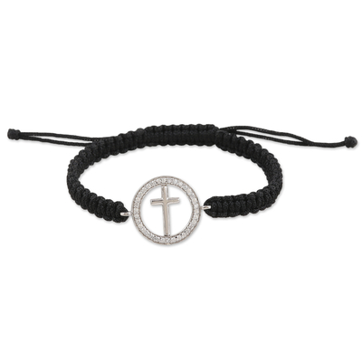 Cubic zirconia macrame pendant bracelet, 'Bonds of Faith' - Black Macrame Cord Bracelet with Cross Pendant and Gems