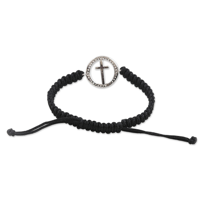 Cubic zirconia macrame pendant bracelet, 'Bonds of Faith' - Black Macrame Cord Bracelet with Cross Pendant and Gems