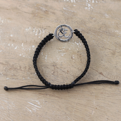 Cubic zirconia macrame pendant bracelet, 'Bonds of Enlightenment' - Black Macrame Cord Bracelet with Om Pendant and Gems