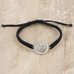 Cubic zirconia macrame pendant bracelet, 'Bonds of Divinity' - Black Macrame Cord Bracelet with Ek Onkar Pendant and Gems