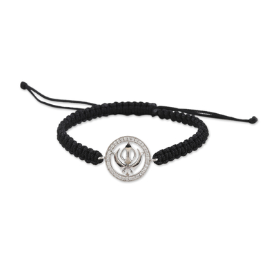 Cubic zirconia macrame pendant bracelet, 'Bonds of Knowledge' - Black Macrame Cord Bracelet with Khanda Pendant and Gems