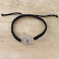 Cubic zirconia macrame pendant bracelet, 'Bonds of Power' - Black Macrame Cord Bracelet with Fist Pendant and Gems