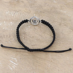 Macrame sterling silver pendant bracelet, 'Altar to Knowledge' - Black Macrame Bracelet with Sterling Silver Khanda Symbol