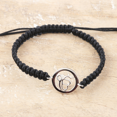 Black Macrame Bracelet with Sterling Silver Ek Onkar Symbol