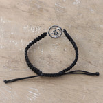 Macrame sterling silver pendant bracelet, 'Altar to Enlightenment' - Black Macrame Cord Bracelet with Sterling Silver Om Symbol
