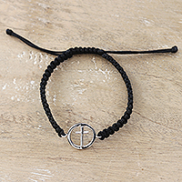 Macrame sterling silver pendant bracelet, 'Altar to Faith' - Black Macrame Bracelet with Sterling Silver Cross Symbol