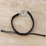 Macrame sterling silver pendant bracelet, 'Altar to Faith' - Black Macrame Bracelet with Sterling Silver Cross Symbol