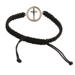 Macrame sterling silver pendant bracelet, 'Altar to Faith' - Black Macrame Bracelet with Sterling Silver Cross Symbol