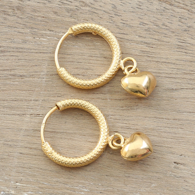 Gold-plated hoop earrings, 'Triumph of Love' - Romantic Heart-Themed 14k Gold-Plated Hoop Earrings