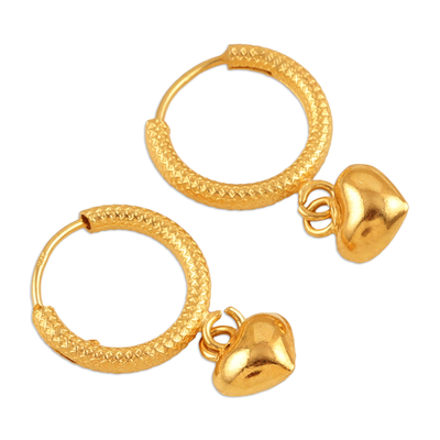 Gold-plated hoop earrings, 'Triumph of Love' - Romantic Heart-Themed 14k Gold-Plated Hoop Earrings