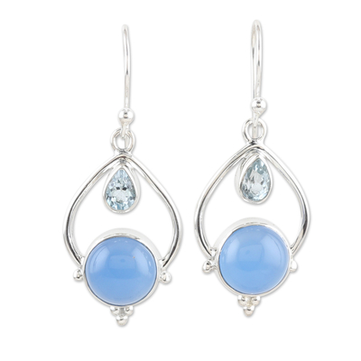 Chalcedony and blue topaz dangle earrings, 'Dual Symphony' - Sterling Silver Dangle Earrings with Chalcedony & Blue Topaz
