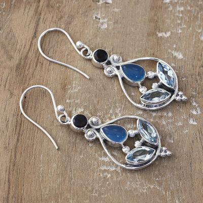 Multi-gemstone dangle earrings, 'Chic Appeal' - Multi-Gemstone Sterling Silver Dangle Earrings from India