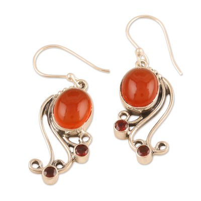 Carnelian and garnet dangle earrings, 'Vibrant Swirls' - Sterling Silver Dangle Earrings with Carnelian and Garnet