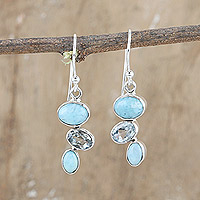 Larimar and blue topaz dangle earrings, 'Trendy Trio' - Sterling Silver Dangle Earrings with Larimar and Blue Topaz