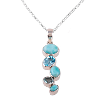 Larimar and blue topaz pendant necklace, 'Blue Pinnacle' - Two-Carat Larimar and Faceted Blue Topaz Pendant Necklace
