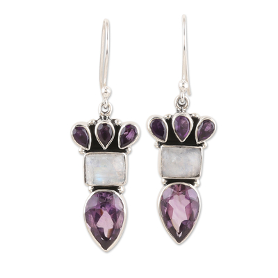 Amethyst and rainbow moonstone dangle earrings, 'Royal Glamour' - Silver Dangle Earrings with Amethyst and Rainbow Moonstone
